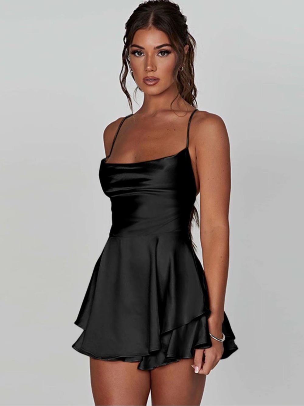Black Satin Spaghetti-Strap Mini Dress